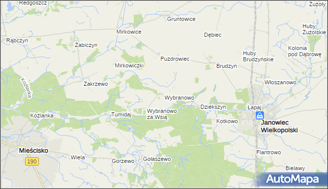 mapa Wybranowo gmina Janowiec Wielkopolski, Wybranowo gmina Janowiec Wielkopolski na mapie Targeo