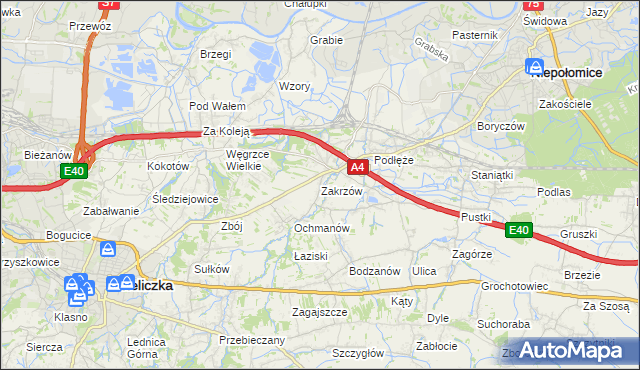 mapa Zakrzów gmina Niepołomice, Zakrzów gmina Niepołomice na mapie Targeo