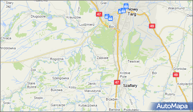 mapa Zaskale gmina Szaflary, Zaskale gmina Szaflary na mapie Targeo