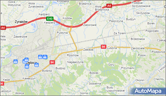 mapa Zawada gmina Dębica, Zawada gmina Dębica na mapie Targeo