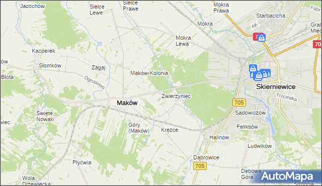 mapa Zwierzyniec gmina Maków, Zwierzyniec gmina Maków na mapie Targeo