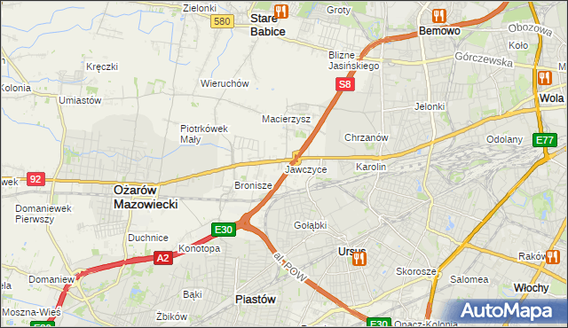 mapa Jawczyce gmina Ożarów Mazowiecki, Jawczyce gmina Ożarów Mazowiecki na mapie Targeo
