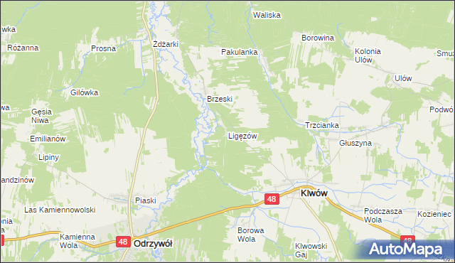 mapa Ligęzów gmina Klwów, Ligęzów gmina Klwów na mapie Targeo