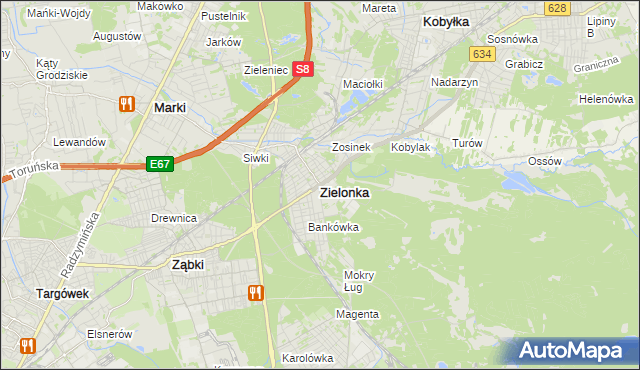 mapa Zielonka powiat wołomiński, Zielonka powiat wołomiński na mapie Targeo