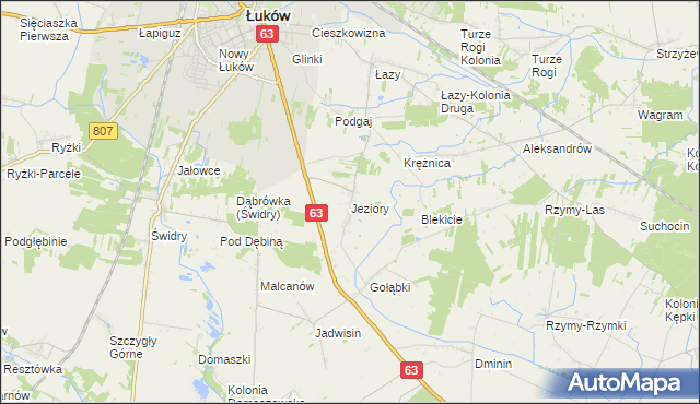 mapa Jeziory gmina Łuków, Jeziory gmina Łuków na mapie Targeo