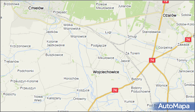 mapa Mikułowice gmina Wojciechowice, Mikułowice gmina Wojciechowice na mapie Targeo
