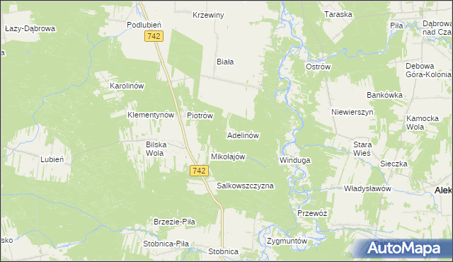 mapa Adelinów gmina Sulejów, Adelinów gmina Sulejów na mapie Targeo