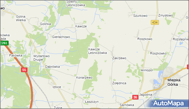 mapa Antoniewo gmina Miejska Górka, Antoniewo gmina Miejska Górka na mapie Targeo