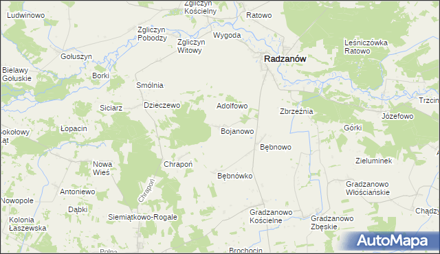 mapa Bojanowo gmina Radzanów, Bojanowo gmina Radzanów na mapie Targeo