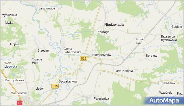 mapa Klementynów gmina Niedźwiada, Klementynów gmina Niedźwiada na mapie Targeo