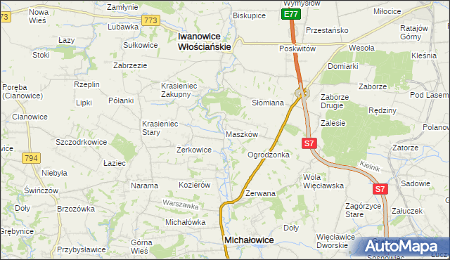 mapa Maszków gmina Iwanowice, Maszków gmina Iwanowice na mapie Targeo