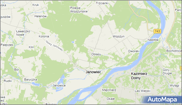 mapa Oblasy gmina Janowiec, Oblasy gmina Janowiec na mapie Targeo