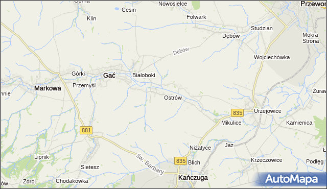 mapa Ostrów gmina Gać, Ostrów gmina Gać na mapie Targeo