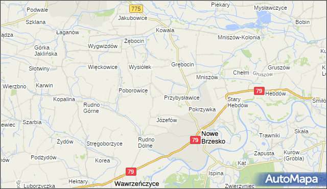 mapa Przybysławice gmina Nowe Brzesko, Przybysławice gmina Nowe Brzesko na mapie Targeo