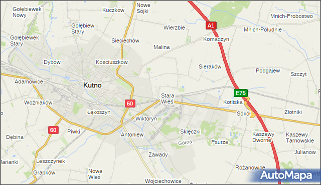 mapa Stara Wieś gmina Kutno, Stara Wieś gmina Kutno na mapie Targeo