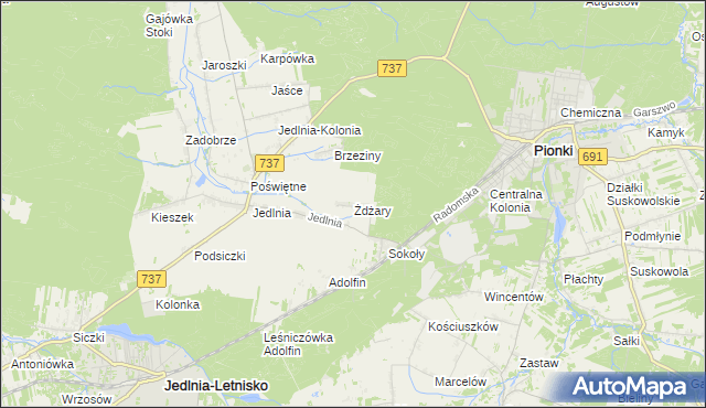 mapa Żdżary gmina Pionki, Żdżary gmina Pionki na mapie Targeo