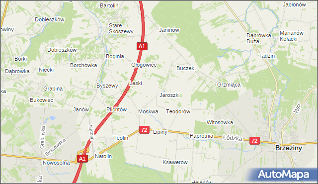 mapa Jaroszki gmina Brzeziny, Jaroszki gmina Brzeziny na mapie Targeo