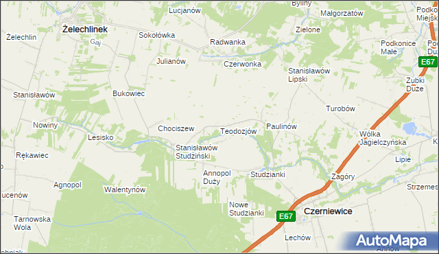 mapa Teodozjów gmina Czerniewice, Teodozjów gmina Czerniewice na mapie Targeo