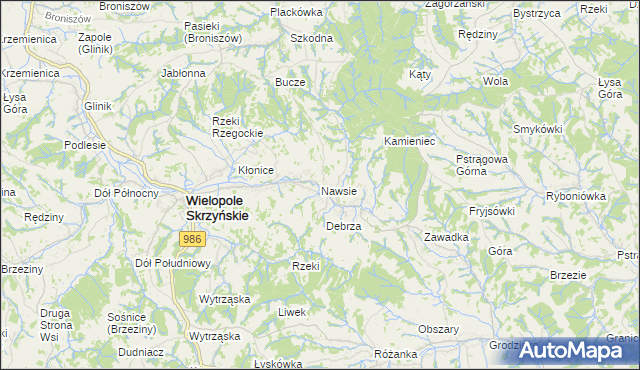 mapa Nawsie gmina Wielopole Skrzyńskie, Nawsie gmina Wielopole Skrzyńskie na mapie Targeo