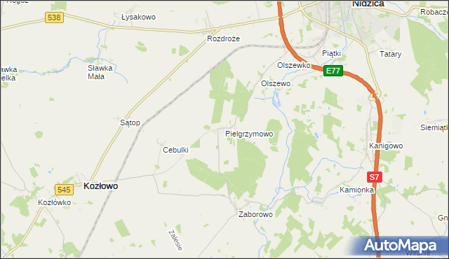 mapa Pielgrzymowo gmina Kozłowo, Pielgrzymowo gmina Kozłowo na mapie Targeo