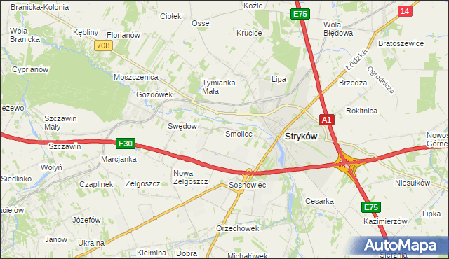 mapa Smolice gmina Stryków, Smolice gmina Stryków na mapie Targeo