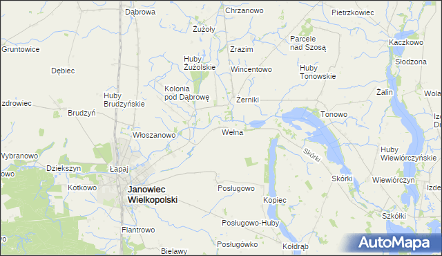 mapa Wełna gmina Janowiec Wielkopolski, Wełna gmina Janowiec Wielkopolski na mapie Targeo