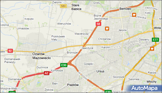 mapa Jawczyce gmina Ożarów Mazowiecki, Jawczyce gmina Ożarów Mazowiecki na mapie Targeo