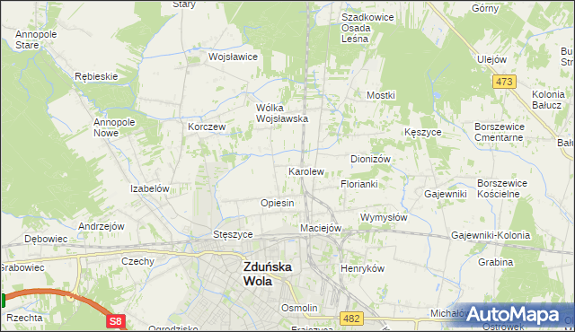 mapa Karolew gmina Zduńska Wola, Karolew gmina Zduńska Wola na mapie Targeo
