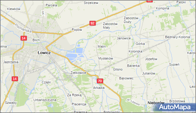 mapa Mysłaków gmina Nieborów, Mysłaków gmina Nieborów na mapie Targeo