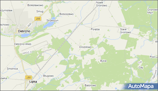mapa Drozdowo gmina Debrzno, Drozdowo gmina Debrzno na mapie Targeo