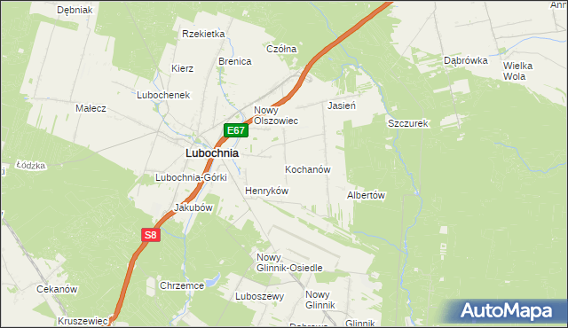 mapa Kochanów gmina Lubochnia, Kochanów gmina Lubochnia na mapie Targeo