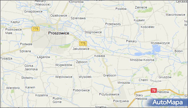 mapa Kowala gmina Proszowice, Kowala gmina Proszowice na mapie Targeo