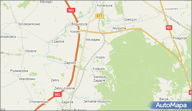 mapa Koziki gmina Śniadowo, Koziki gmina Śniadowo na mapie Targeo