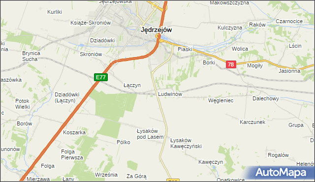 mapa Ludwinów gmina Jędrzejów, Ludwinów gmina Jędrzejów na mapie Targeo