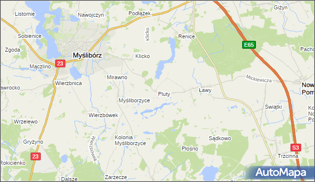 mapa Pluty gmina Myślibórz, Pluty gmina Myślibórz na mapie Targeo