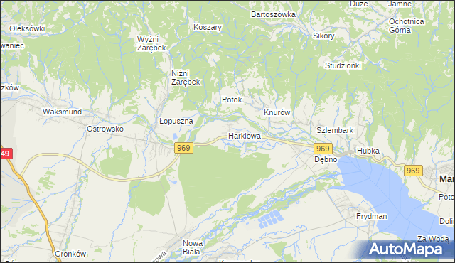 mapa Harklowa gmina Nowy Targ, Harklowa gmina Nowy Targ na mapie Targeo