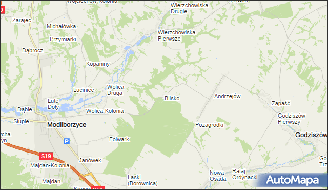 mapa Bilsko gmina Modliborzyce, Bilsko gmina Modliborzyce na mapie Targeo