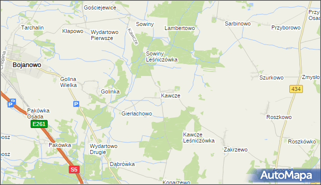 mapa Kawcze gmina Bojanowo, Kawcze gmina Bojanowo na mapie Targeo