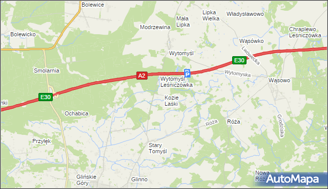 mapa Kozie Laski gmina Nowy Tomyśl, Kozie Laski gmina Nowy Tomyśl na mapie Targeo