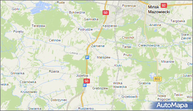 mapa Maliszew gmina Mińsk Mazowiecki, Maliszew gmina Mińsk Mazowiecki na mapie Targeo