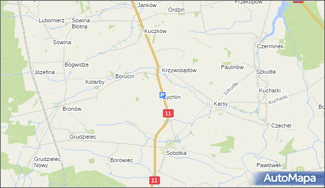 mapa Żychlin gmina Gołuchów, Żychlin gmina Gołuchów na mapie Targeo