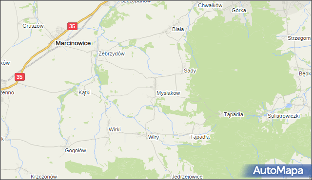 mapa Mysłaków gmina Marcinowice, Mysłaków gmina Marcinowice na mapie Targeo