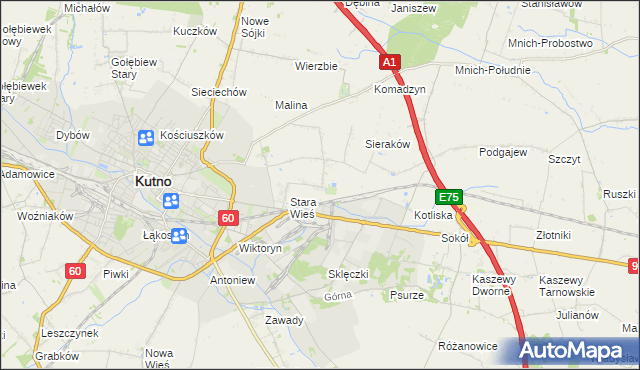 mapa Bielawki gmina Kutno, Bielawki gmina Kutno na mapie Targeo