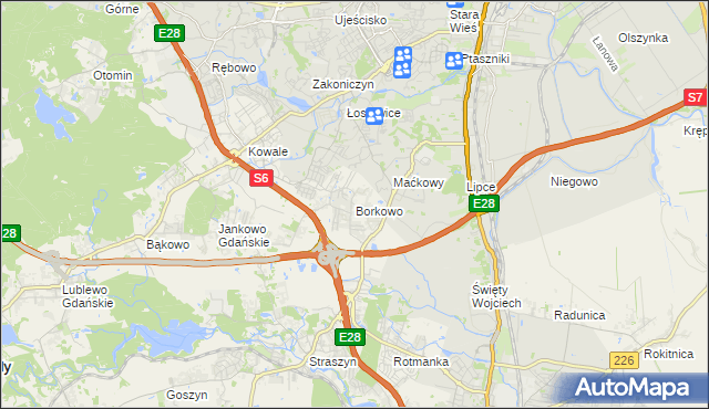 mapa Borkowo gmina Pruszcz Gdański, Borkowo gmina Pruszcz Gdański na mapie Targeo