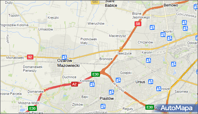 mapa Bronisze gmina Ożarów Mazowiecki, Bronisze gmina Ożarów Mazowiecki na mapie Targeo