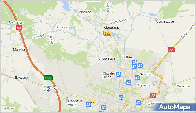 mapa Chwalęcice gmina Kłodawa, Chwalęcice gmina Kłodawa na mapie Targeo