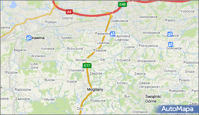 mapa Gaj gmina Mogilany, Gaj gmina Mogilany na mapie Targeo