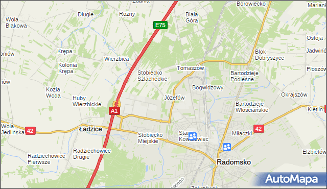 mapa Józefów gmina Ładzice, Józefów gmina Ładzice na mapie Targeo