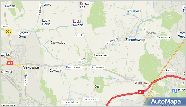 mapa Kamieniec gmina Zbrosławice, Kamieniec gmina Zbrosławice na mapie Targeo