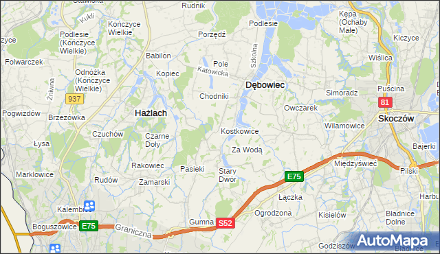 mapa Kostkowice gmina Dębowiec, Kostkowice gmina Dębowiec na mapie Targeo